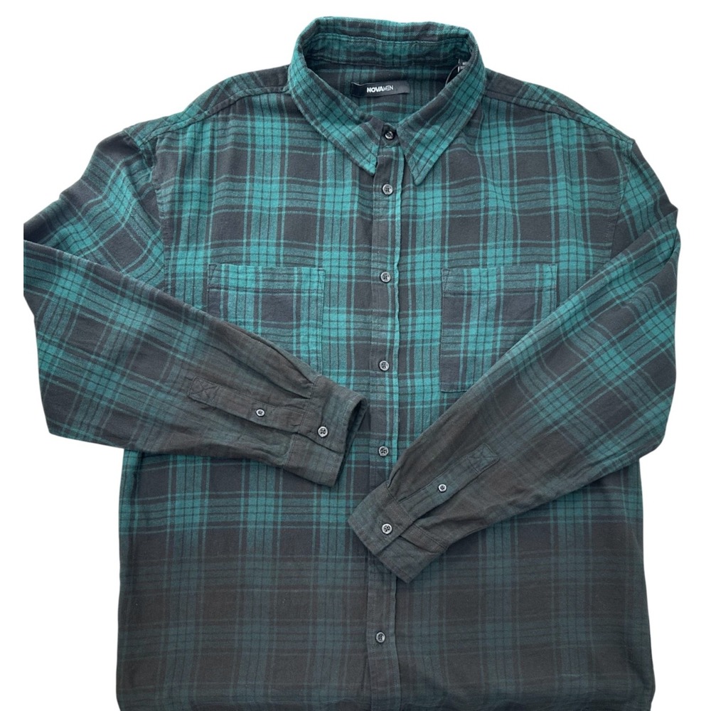 NovaMEN Flannel Shirt Sunset Dip Dye Ombre Dk Green Plaid Button Down Large NWT